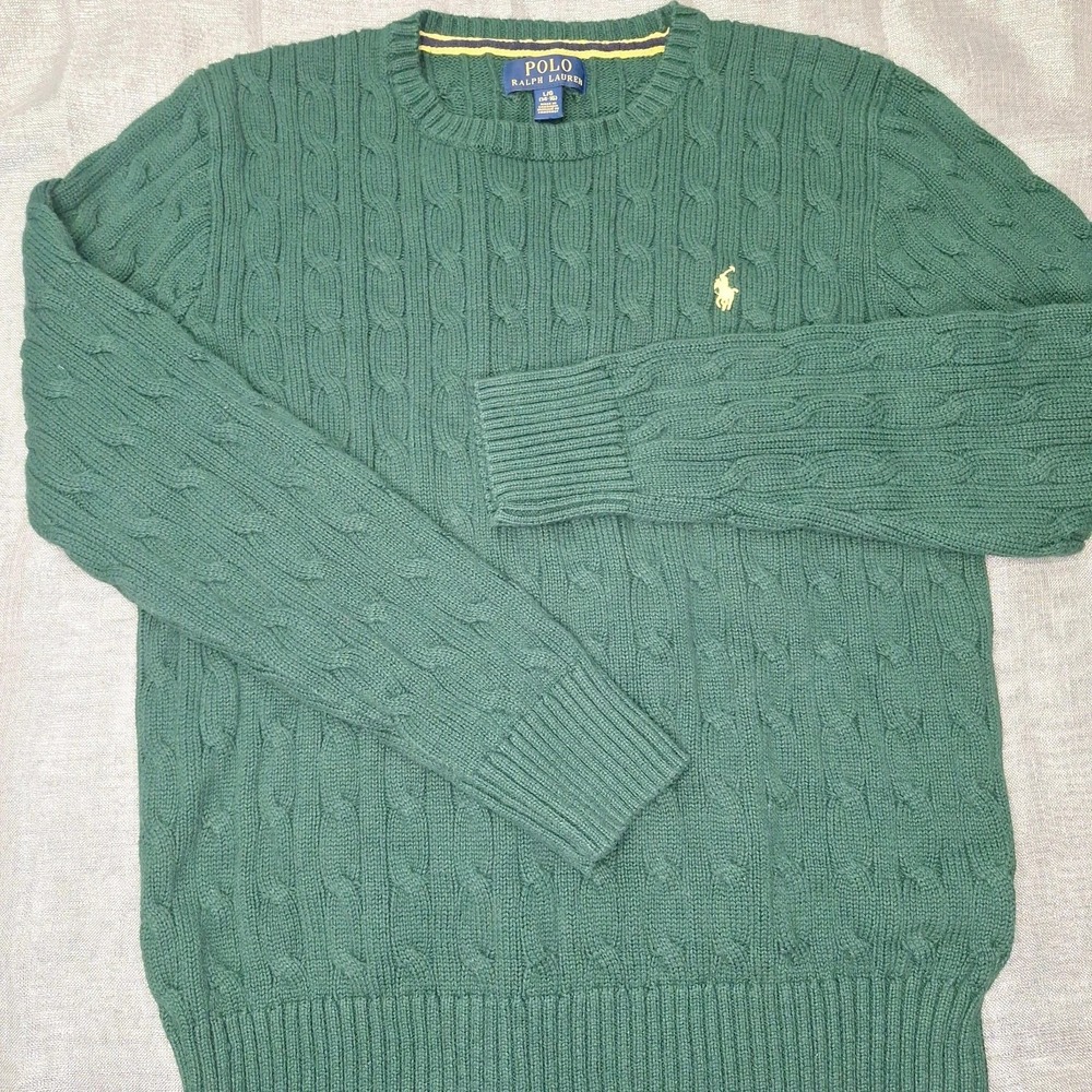 Polo Ralph Lauren Boys L Cable Knit Crewneck Logo Cotton Sweater Green Lg 14 16